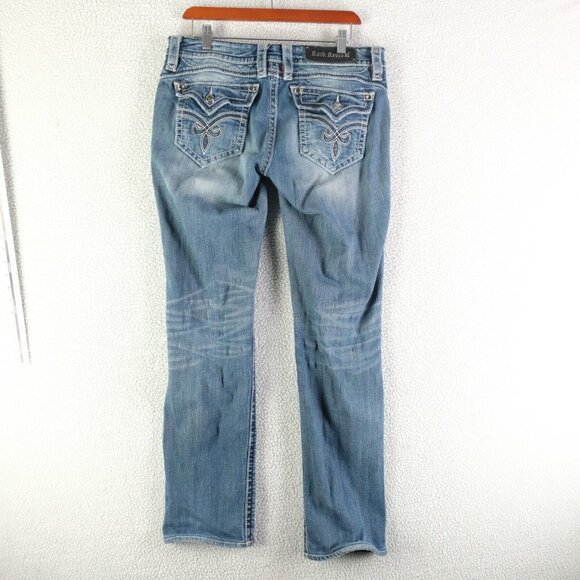 Rock Revival Jeans Mens 31x32  Straight Blue Stone Wash Whiskers Rhinestones - Picture 4 of 13